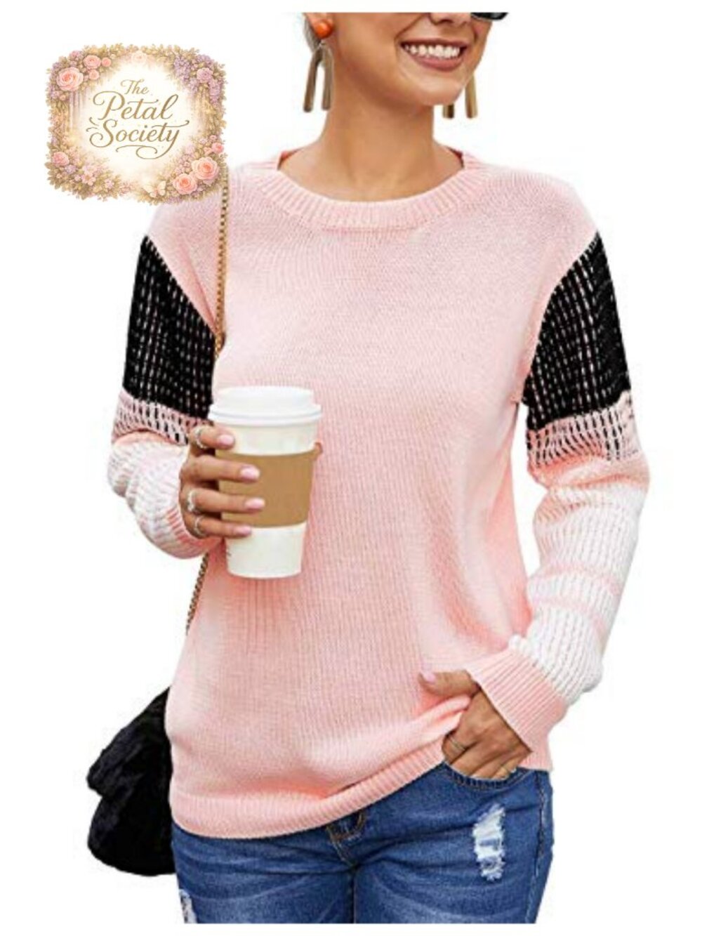 Women's Contrast Sleeve Knitted Pullover Sweater Crewneck Long Sleeve